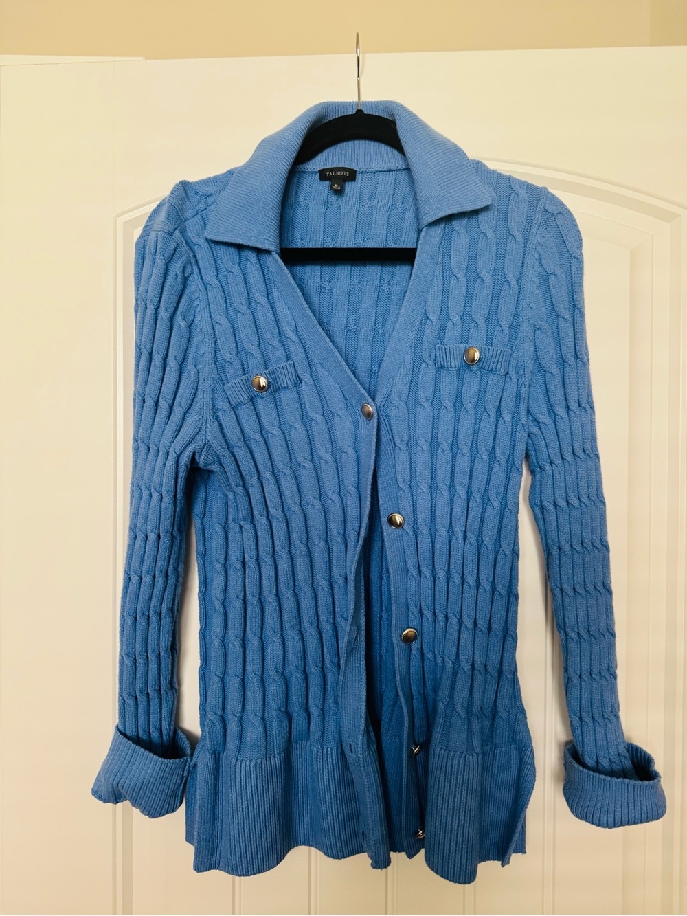 Talbots Periwinkle Cable-Knit Collared Cardigan